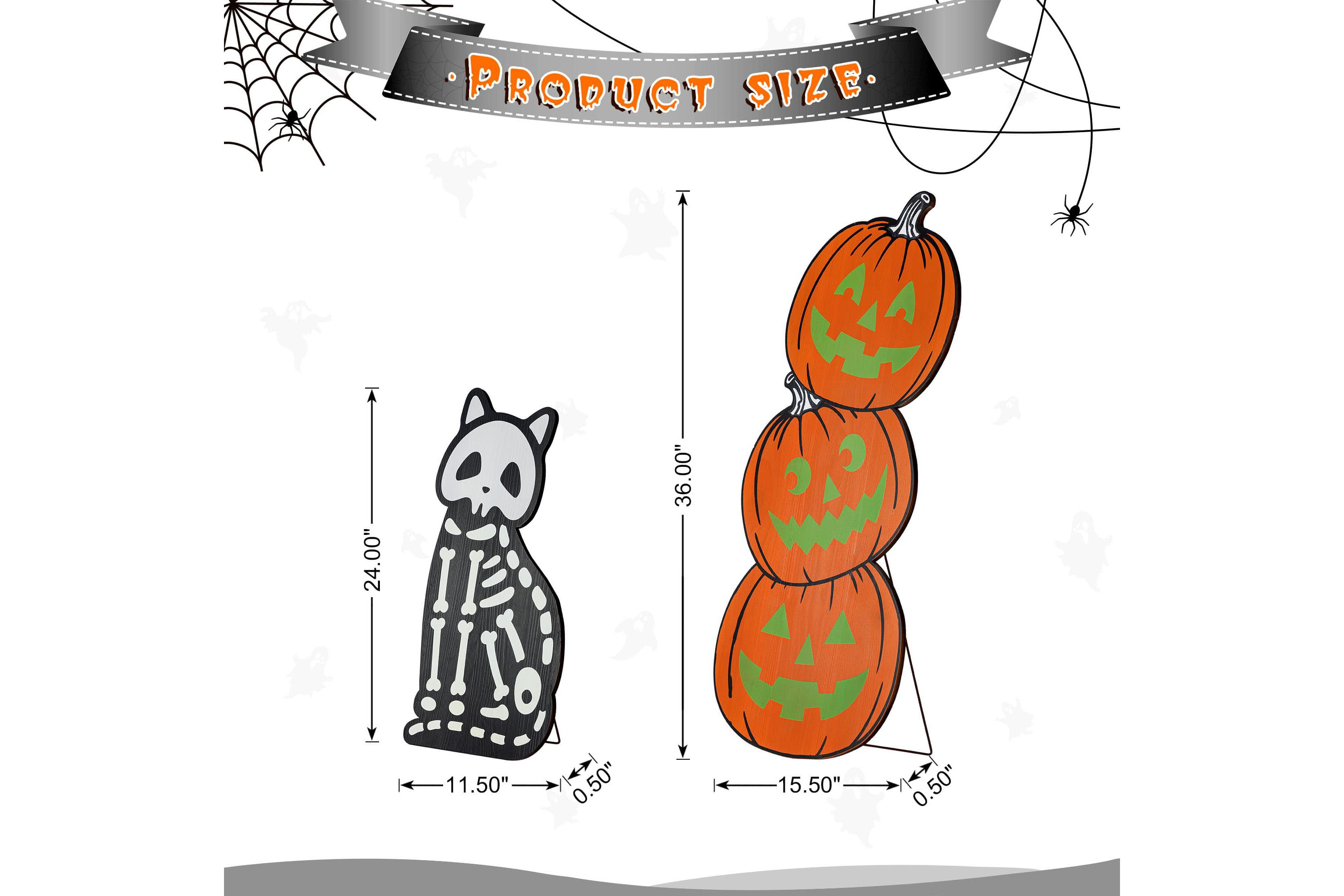 S/2 24"H & 36"H Halloween Wood Skeleton Cat and Stacked Pumpkin Porch Decor