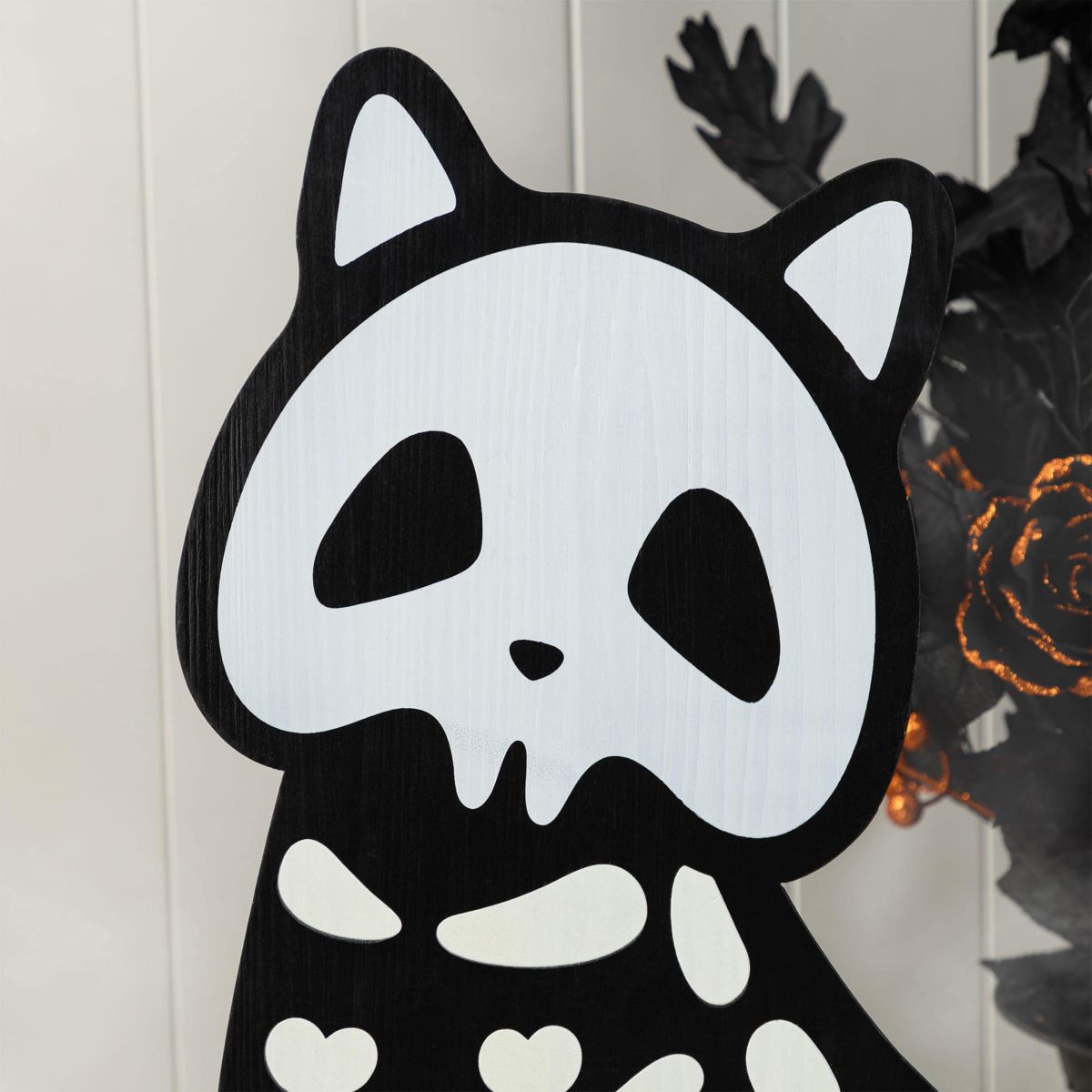 S/2 24"H & 36"H Halloween Wood Skeleton Cat and Stacked Pumpkin Porch Decor