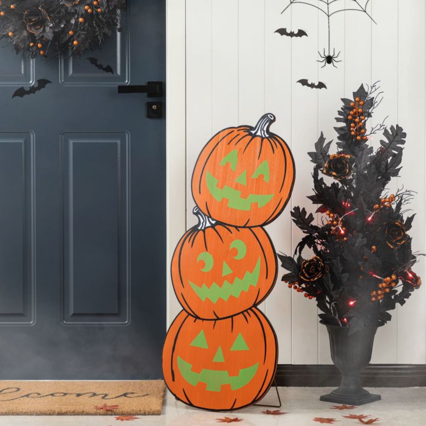 S/2 24"H & 36"H Halloween Wood Skeleton Cat and Stacked Pumpkin Porch Decor