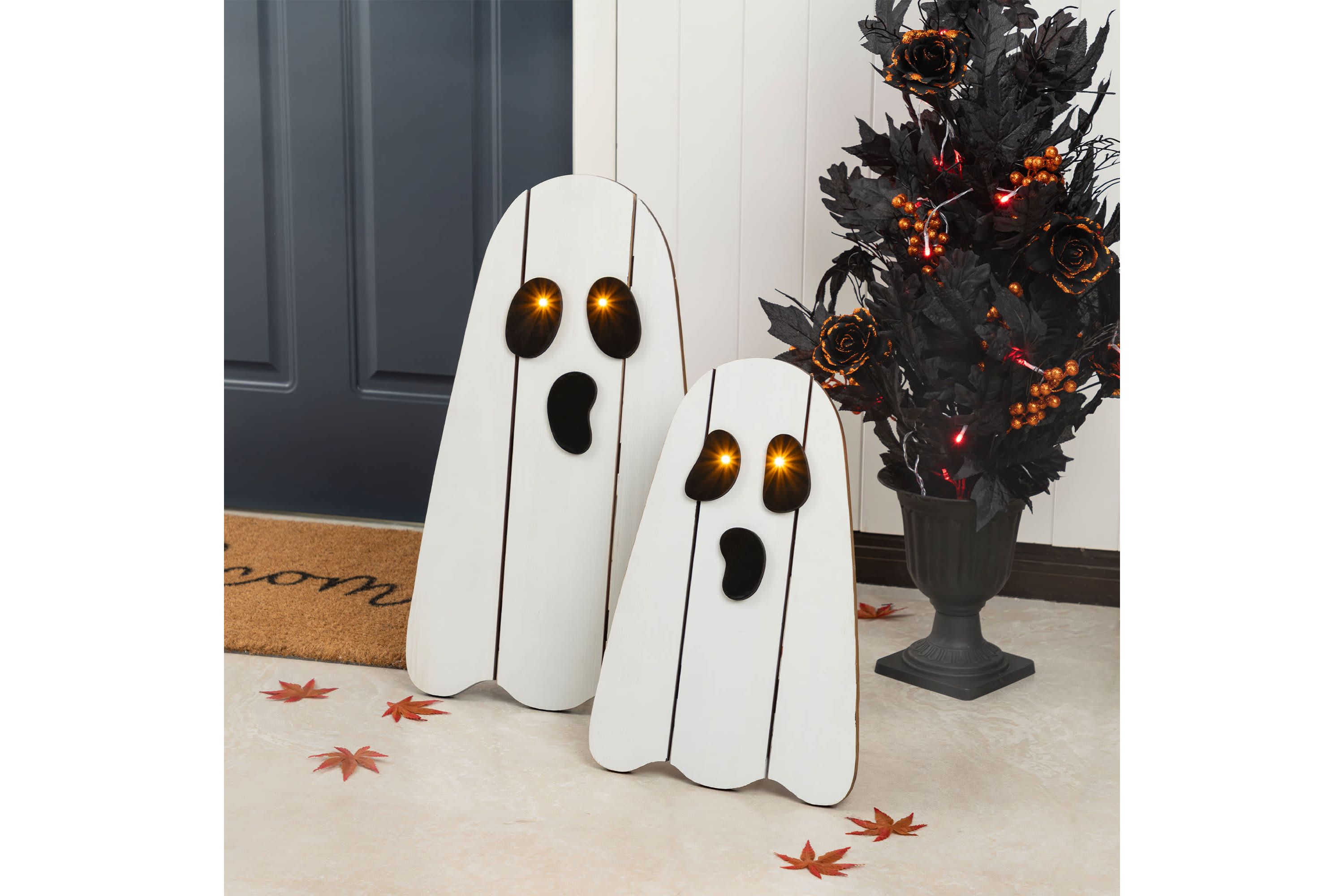 24"H S/2 Halloween Lighted Wood Ghost Porch Decor