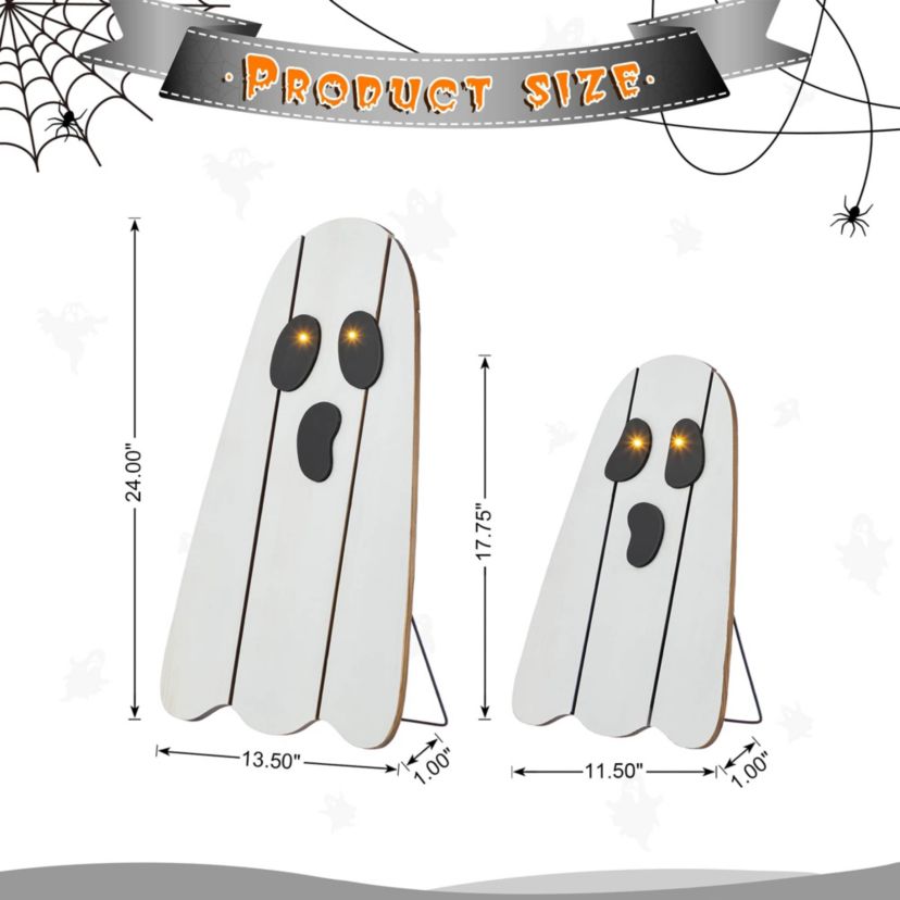 24"H S/2 Halloween Lighted Wood Ghost Porch Decor