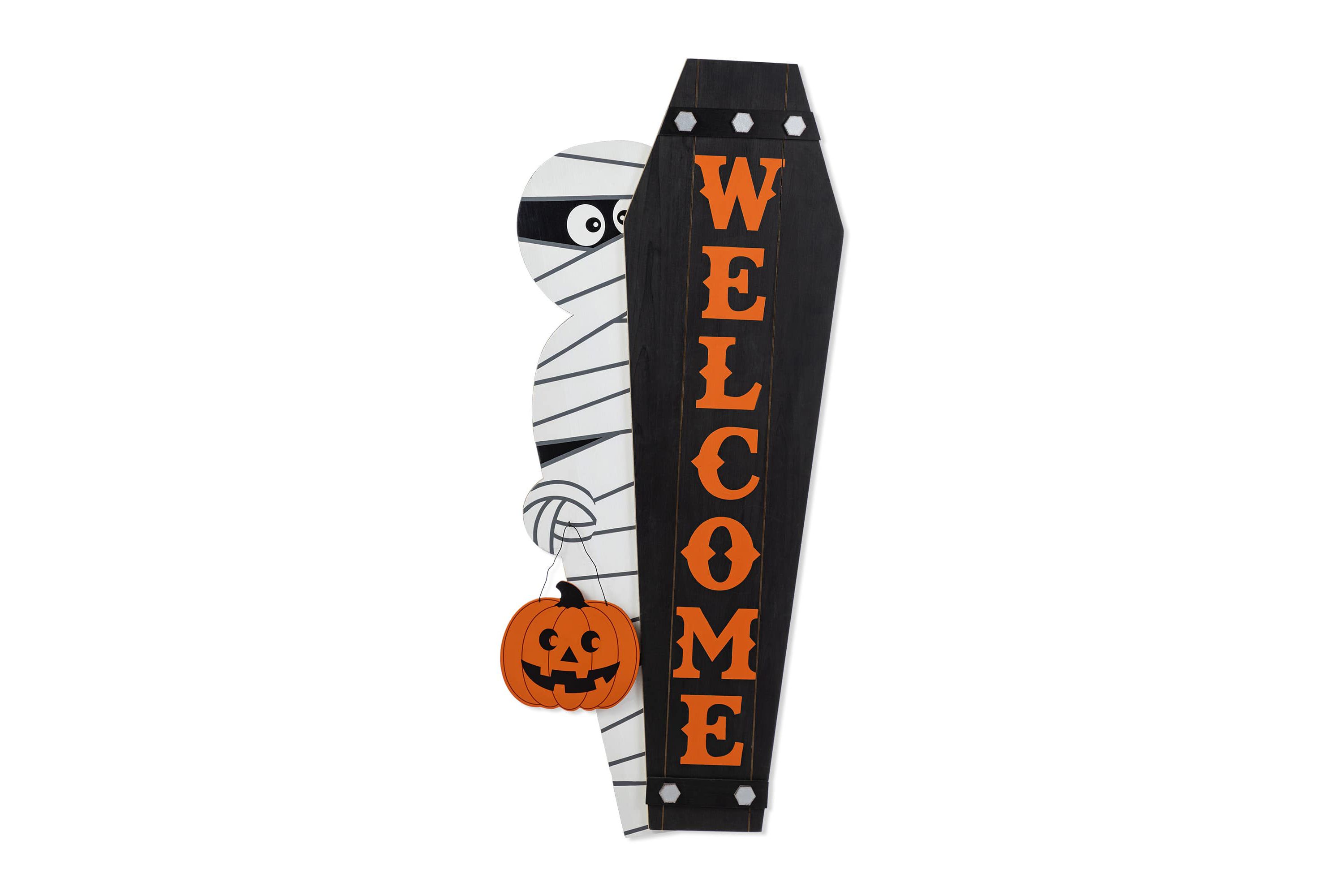 38"H & 42"H Halloween Wood Mummy and Welcome Coffin Porch Decor, Two Function (S/2 or One Piece)