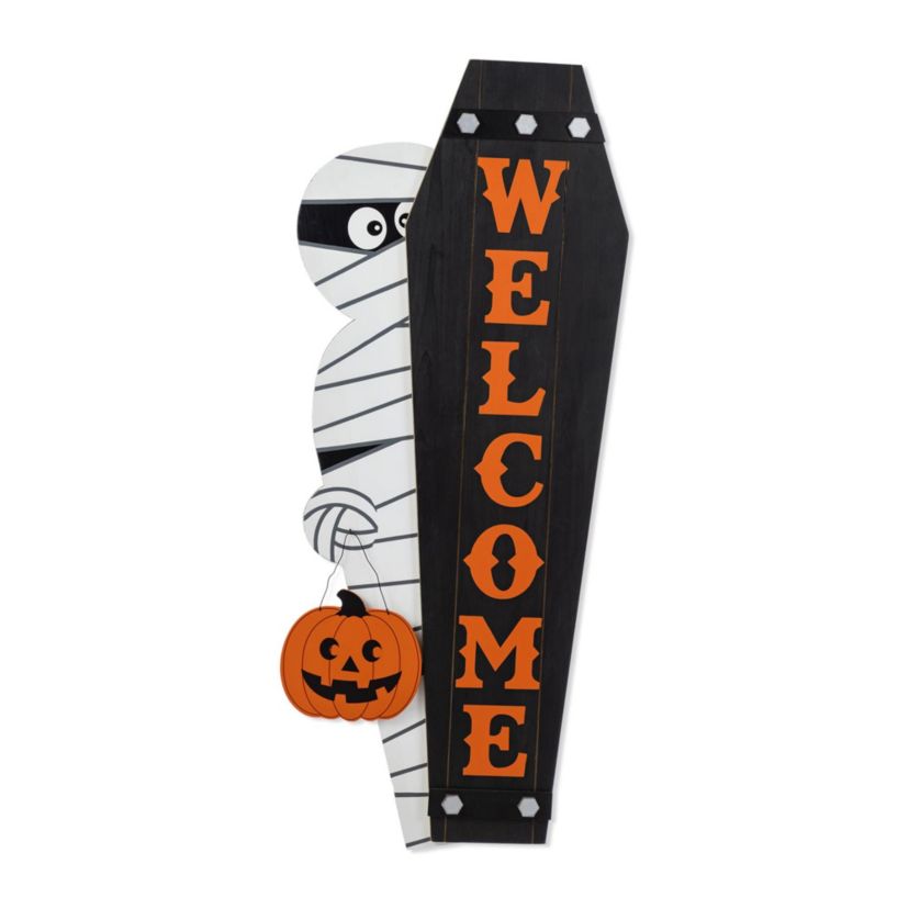 38"H & 42"H Halloween Wood Mummy and Welcome Coffin Porch Decor, Two Function (S/2 or One Piece)