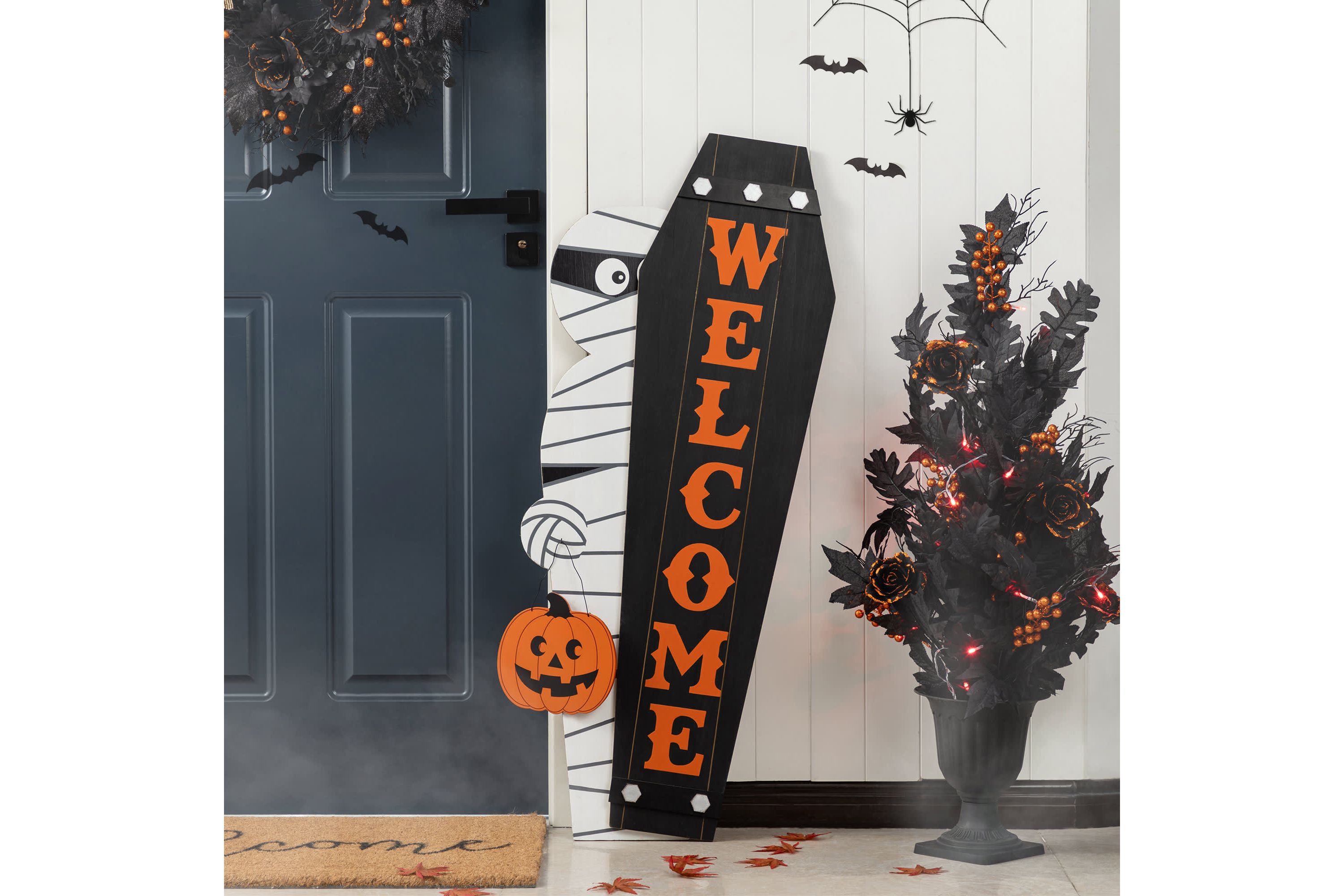 38"H & 42"H Halloween Wood Mummy and Welcome Coffin Porch Decor, Two Function (S/2 or One Piece)