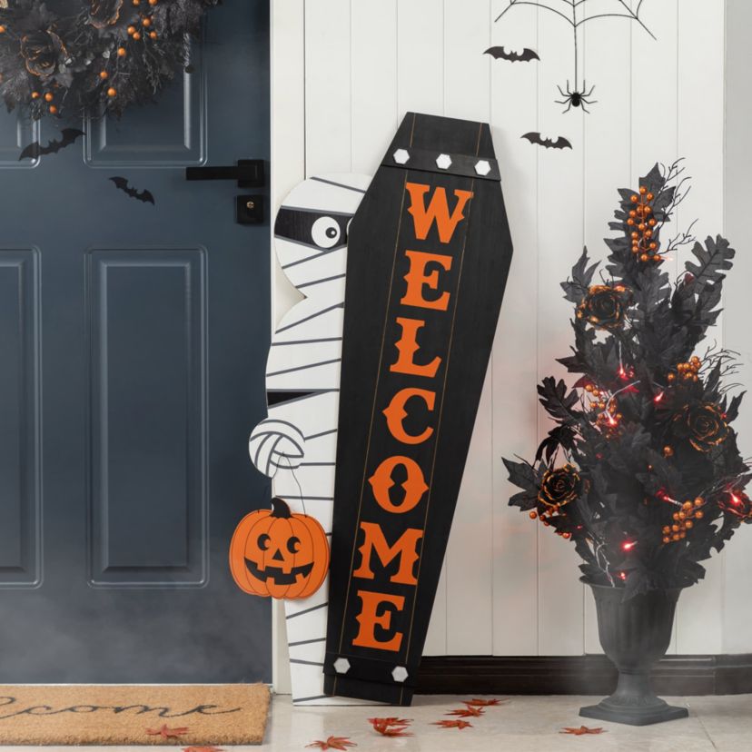 38"H & 42"H Halloween Wood Mummy and Welcome Coffin Porch Decor, Two Function (S/2 or One Piece)