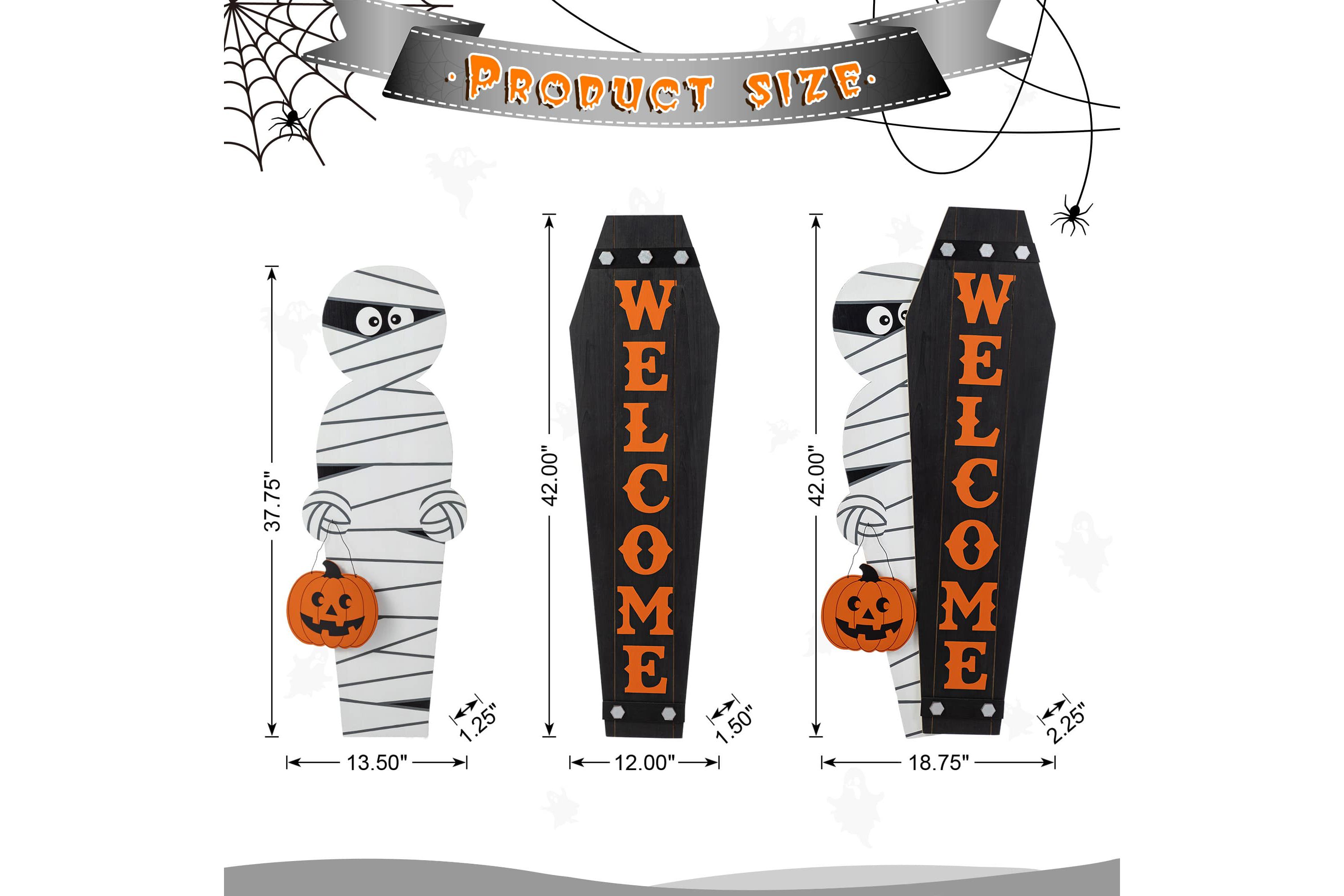 38"H & 42"H Halloween Wood Mummy and Welcome Coffin Porch Decor, Two Function (S/2 or One Piece)