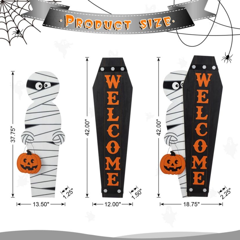 38"H & 42"H Halloween Wood Mummy and Welcome Coffin Porch Decor, Two Function (S/2 or One Piece)