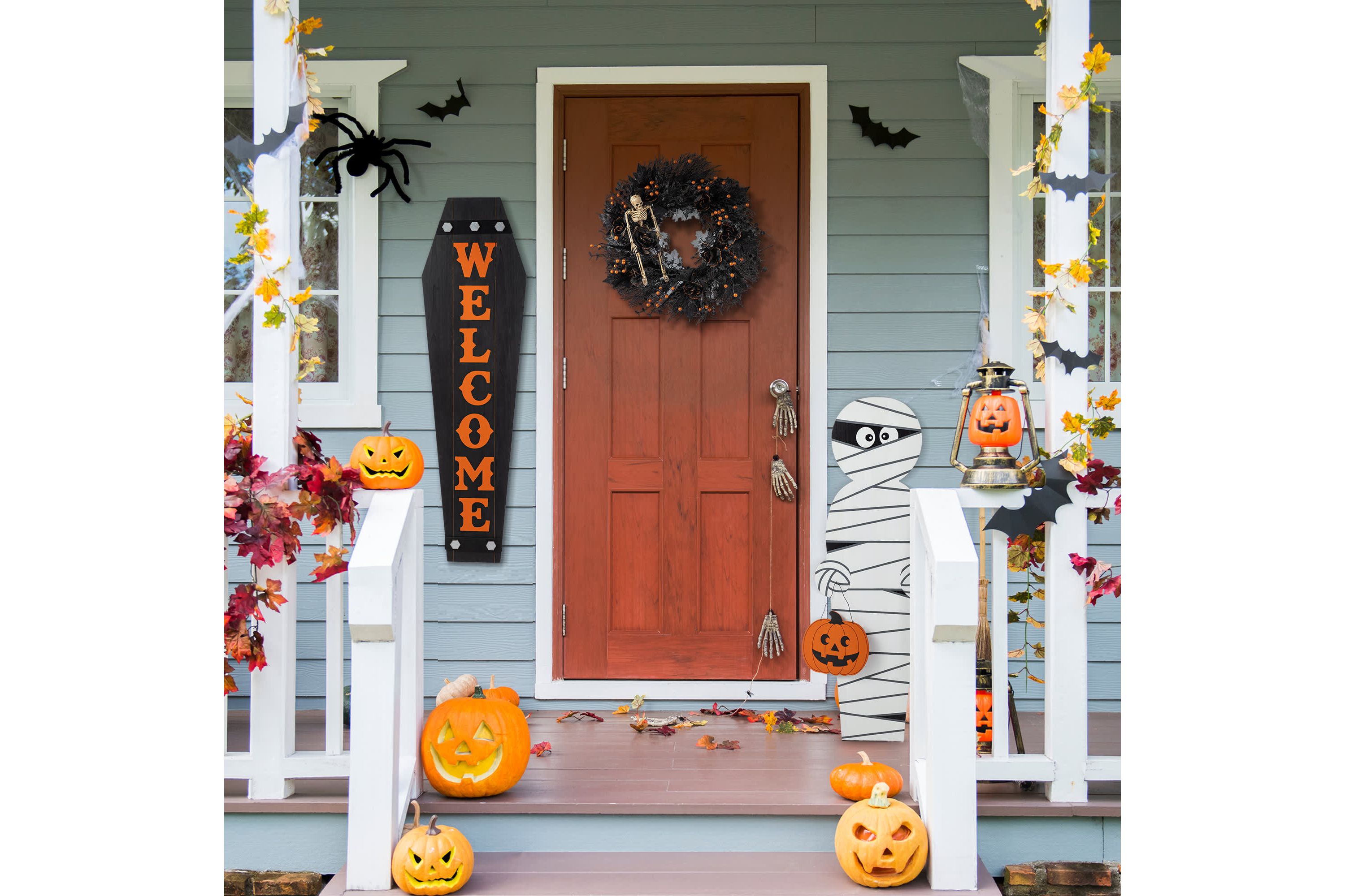 38"H & 42"H Halloween Wood Mummy and Welcome Coffin Porch Decor, Two Function (S/2 or One Piece)