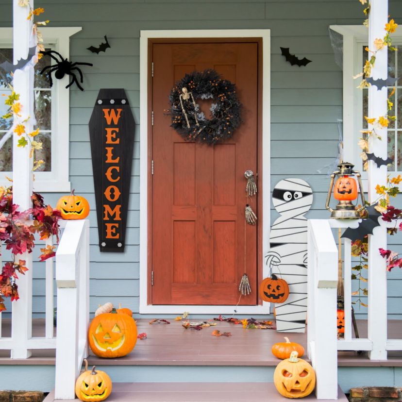 38"H & 42"H Halloween Wood Mummy and Welcome Coffin Porch Decor, Two Function (S/2 or One Piece)