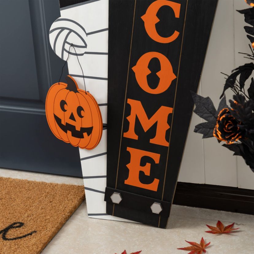 38"H & 42"H Halloween Wood Mummy and Welcome Coffin Porch Decor, Two Function (S/2 or One Piece)