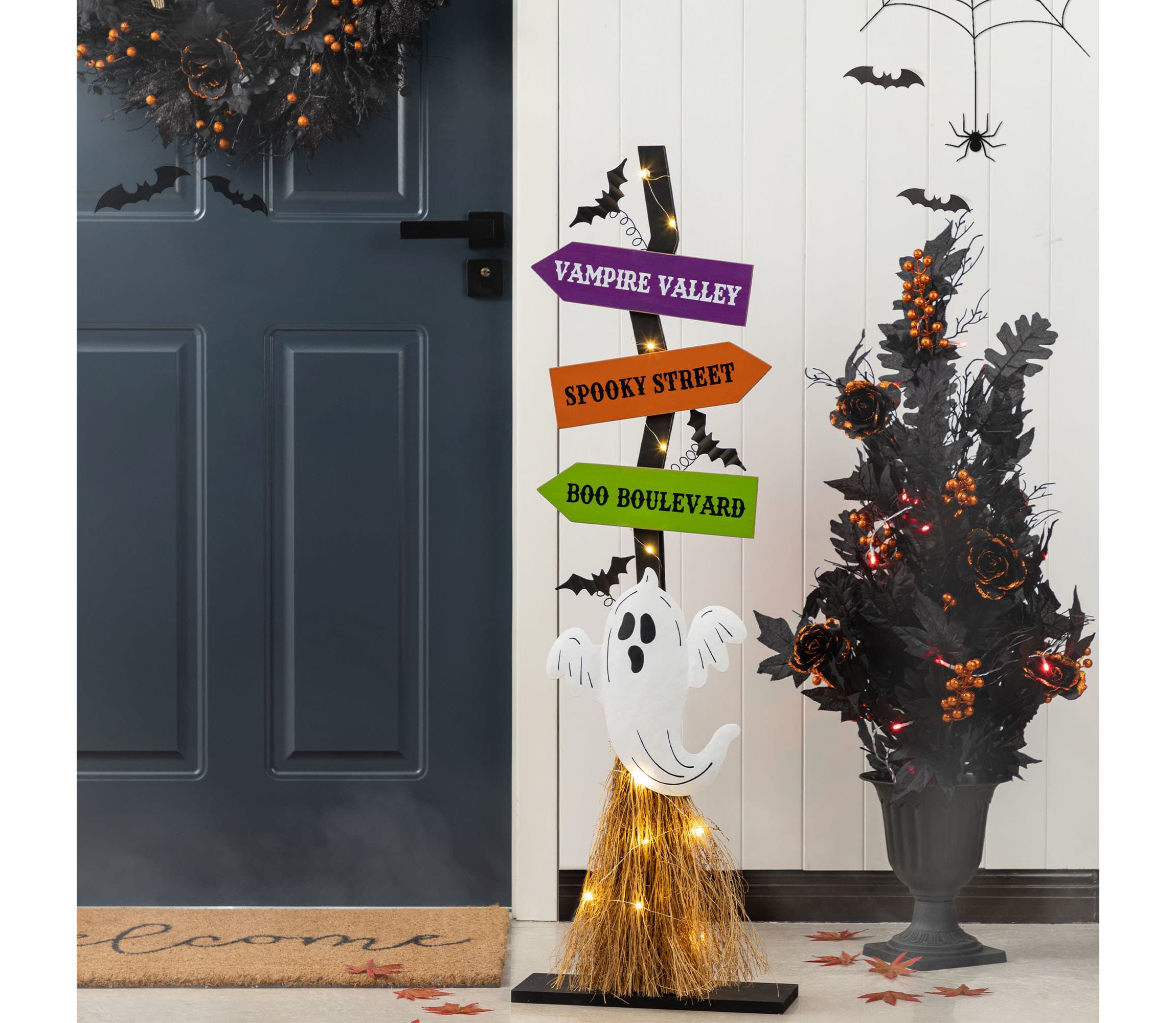 41.75"H Lighted Wooden Ghosts Broom Porch Decor w/Timer(KD)
