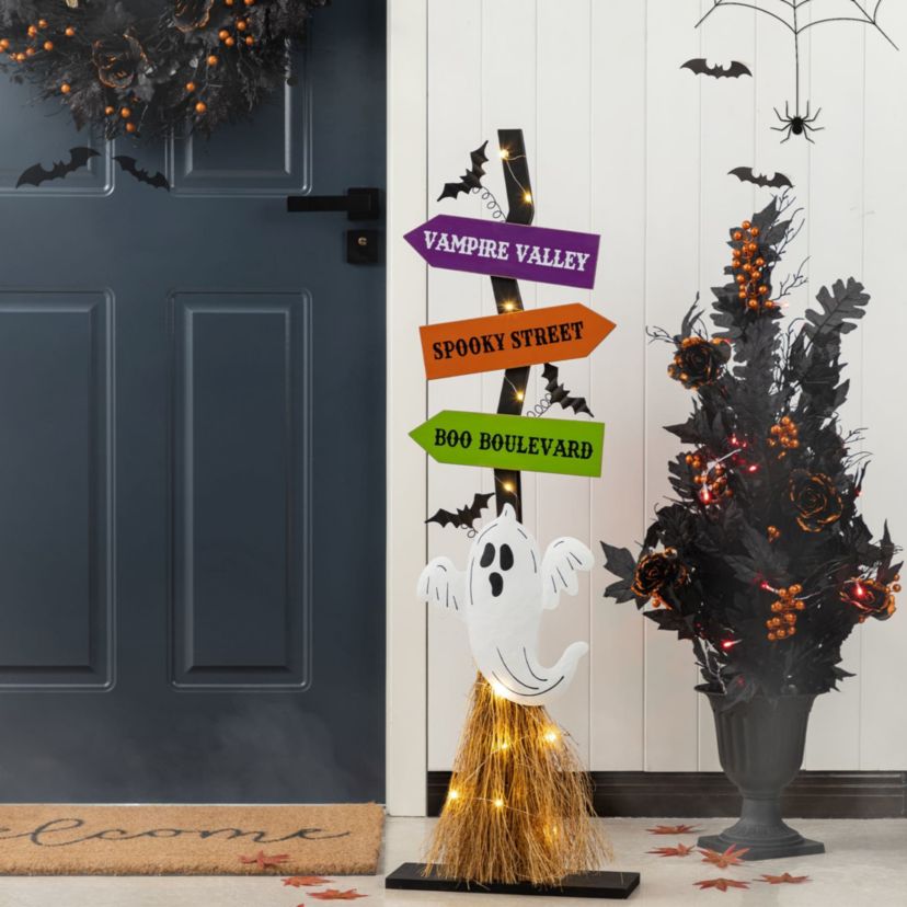 41.75"H Lighted Wooden Ghosts Broom Porch Decor w/Timer(KD)