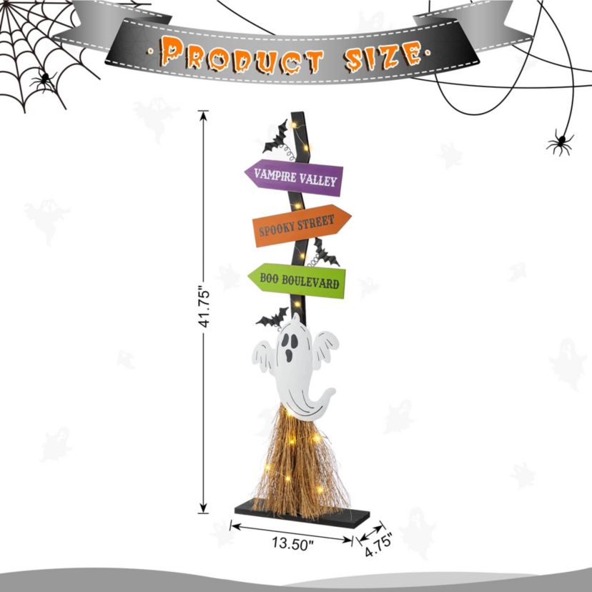 41.75"H Lighted Wooden Ghosts Broom Porch Decor w/Timer(KD)