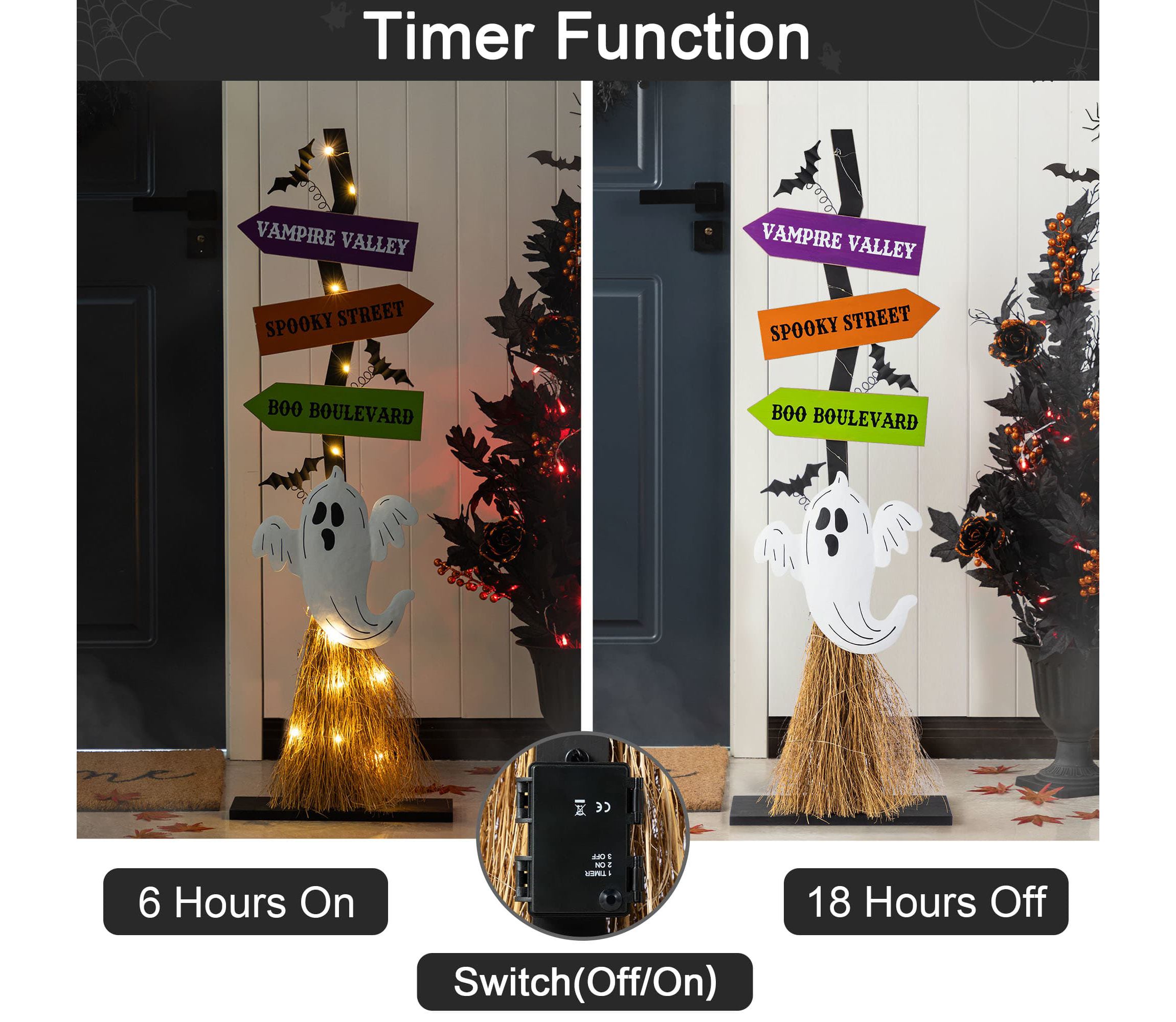 41.75"H Lighted Wooden Ghosts Broom Porch Decor w/Timer(KD)
