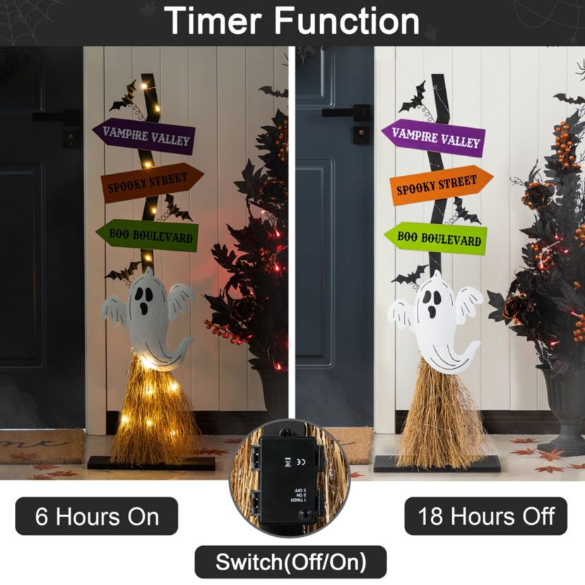 41.75"H Lighted Wooden Ghosts Broom Porch Decor w/Timer(KD)
