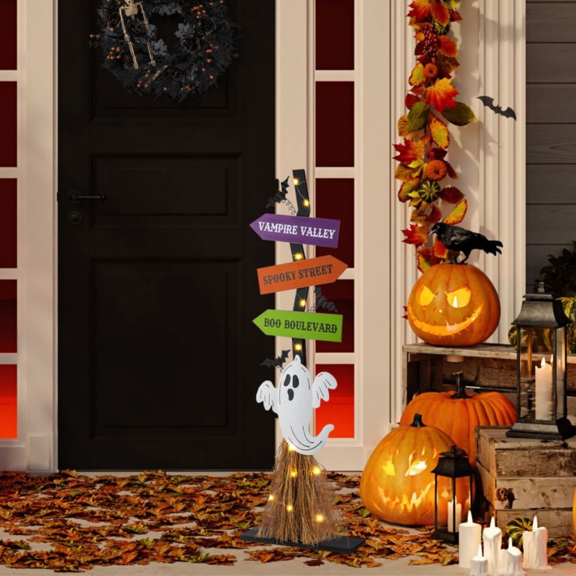 41.75"H Lighted Wooden Ghosts Broom Porch Decor w/Timer(KD)
