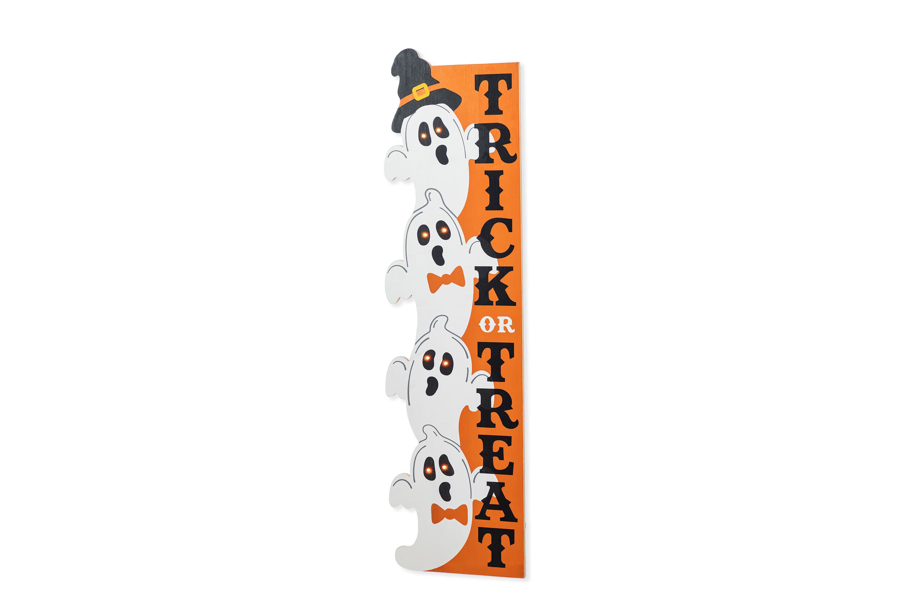 42"H Lighted Halloween Wood Stacked Ghost with "Trick or Treat" Porch Sign w/Timer