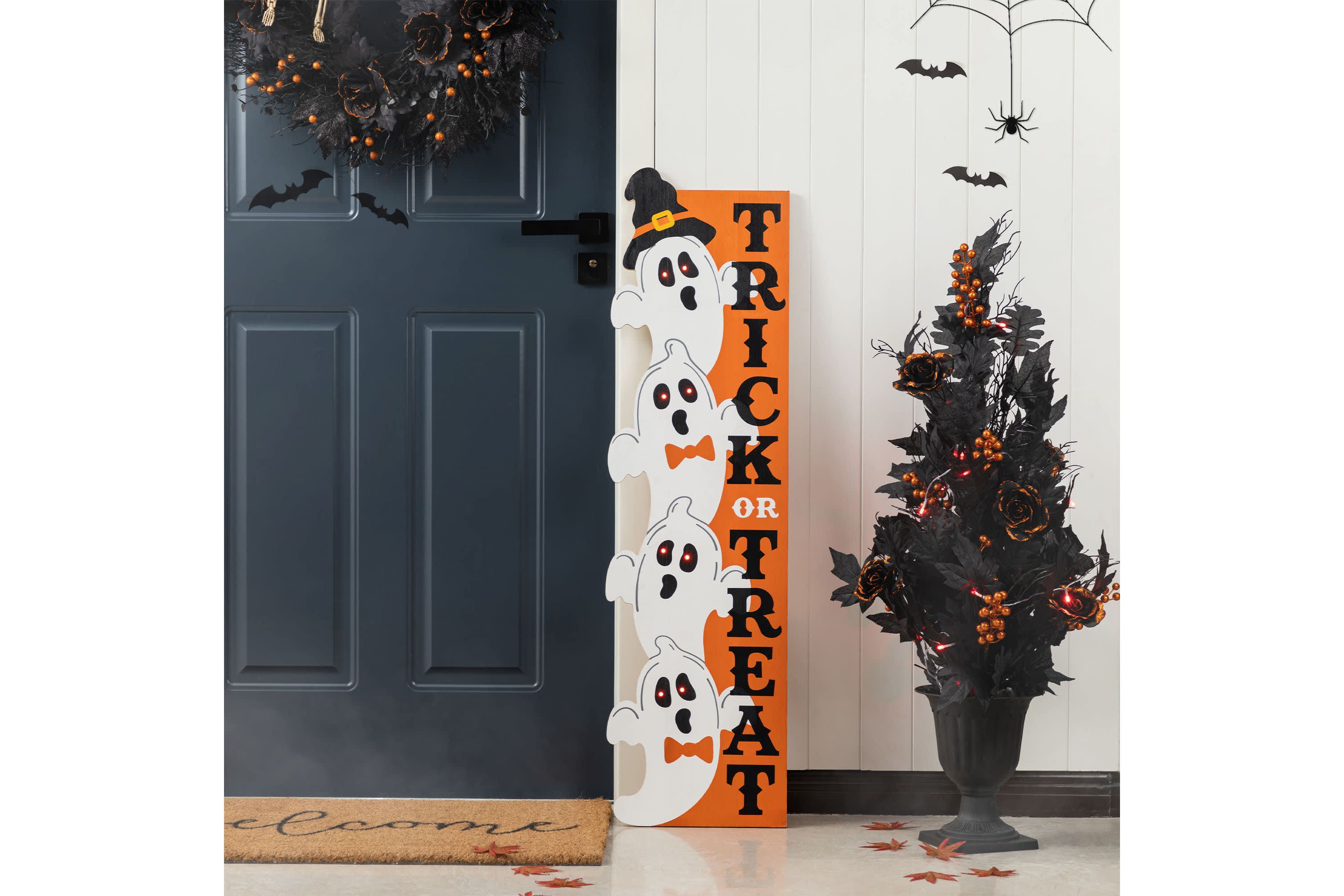 42"H Lighted Halloween Wood Stacked Ghost with "Trick or Treat" Porch Sign w/Timer