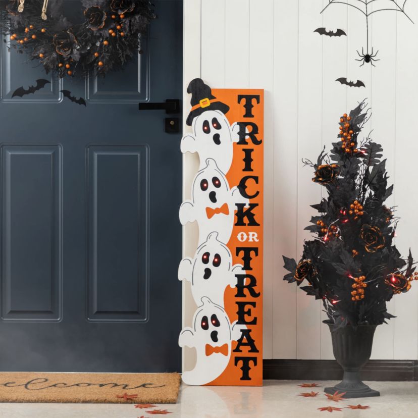 42"H Lighted Halloween Wood Stacked Ghost with "Trick or Treat" Porch Sign w/Timer
