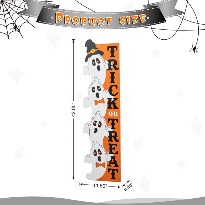 42"H Lighted Halloween Wood Stacked Ghost with "Trick or Treat" Porch Sign w/Timer