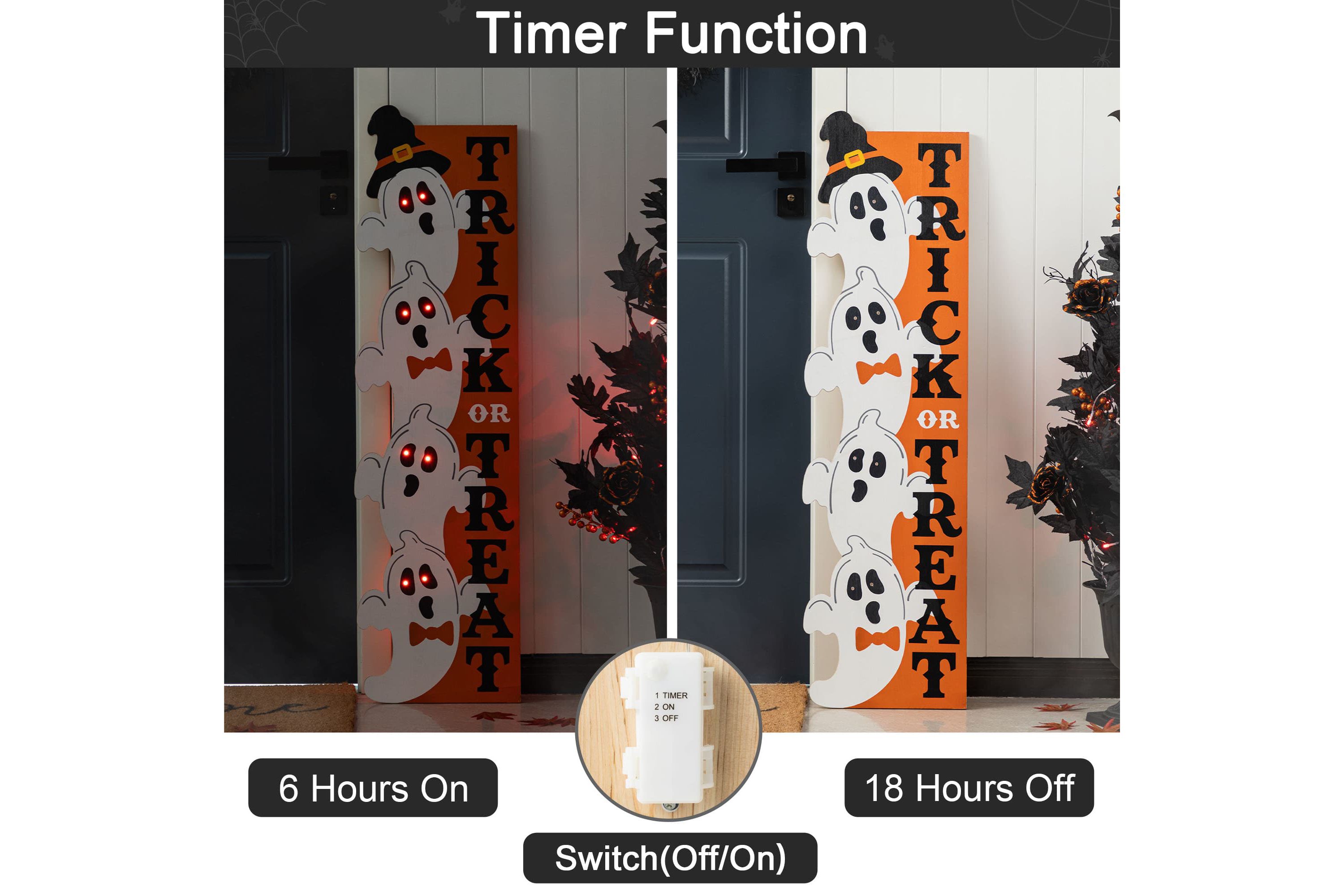 42"H Lighted Halloween Wood Stacked Ghost with "Trick or Treat" Porch Sign w/Timer