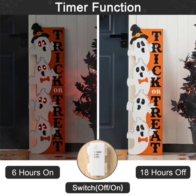 42"H Lighted Halloween Wood Stacked Ghost with "Trick or Treat" Porch Sign w/Timer