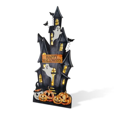 Glitzhome 30"H Halloween Lighted Wooden Haunted House Porch Decor w/Timer(KD)