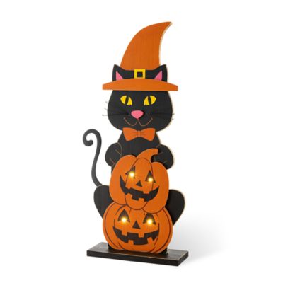 Glitzhome 30"H Halloween Wooden Lighted Witch Cat Porch Decor w/Timerï¼KD)