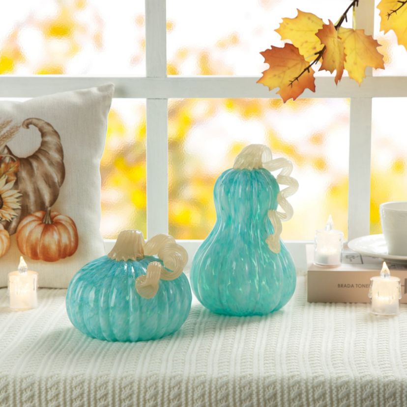 6"D Fall Turquoise Round Glass Pumpkin
