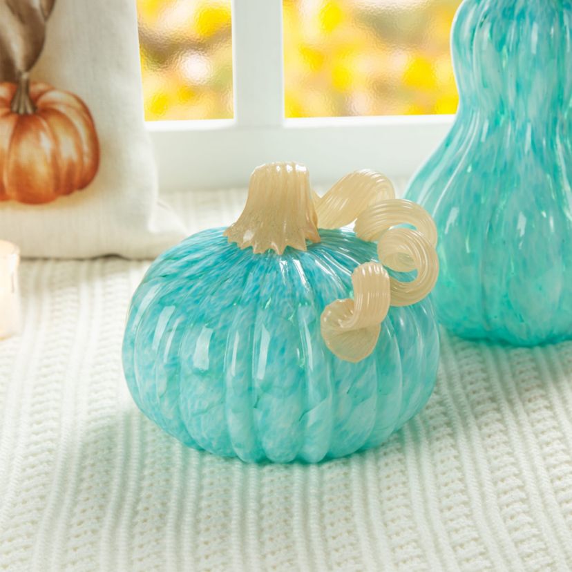 6"D Fall Turquoise Round Glass Pumpkin