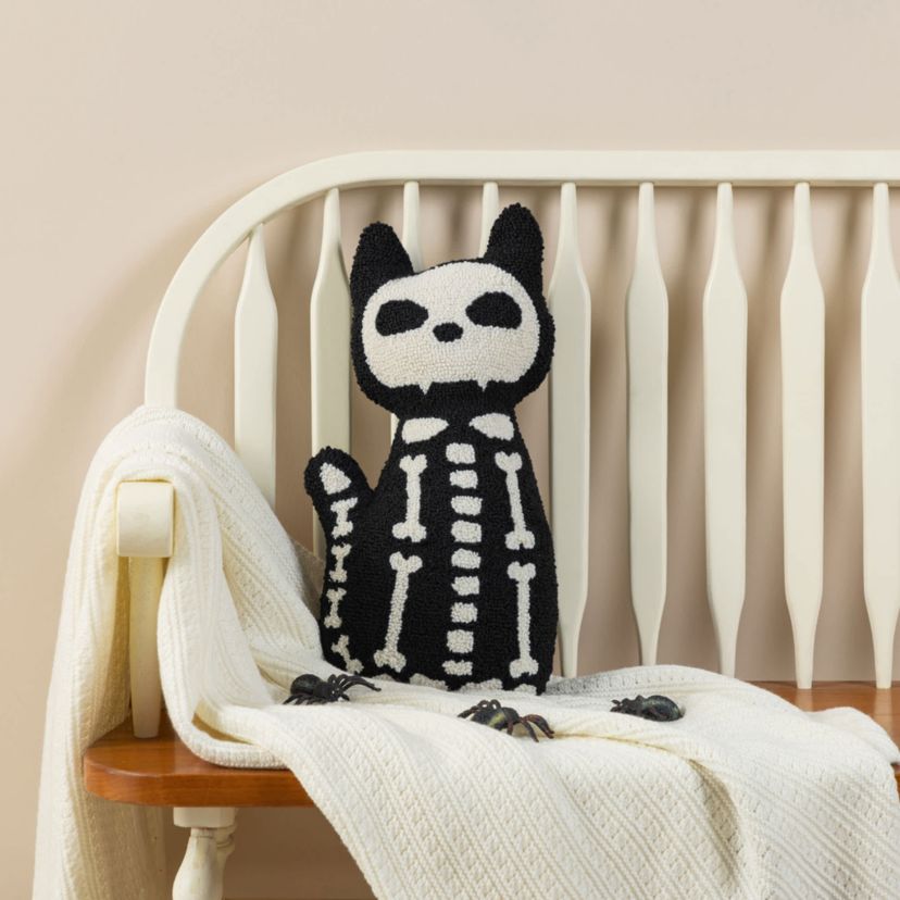18"H Halloween Hooked Skeleton Cat Shaped Pillow