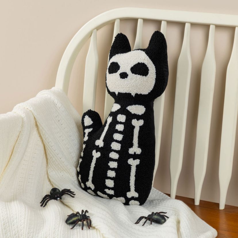 18"H Halloween Hooked Skeleton Cat Shaped Pillow