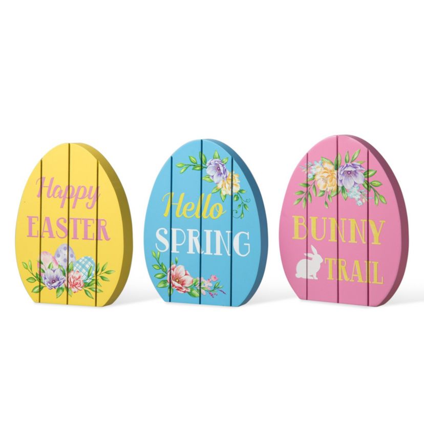 7.5"H Set of 3 Easter Wooden Easter Egg Table Decor