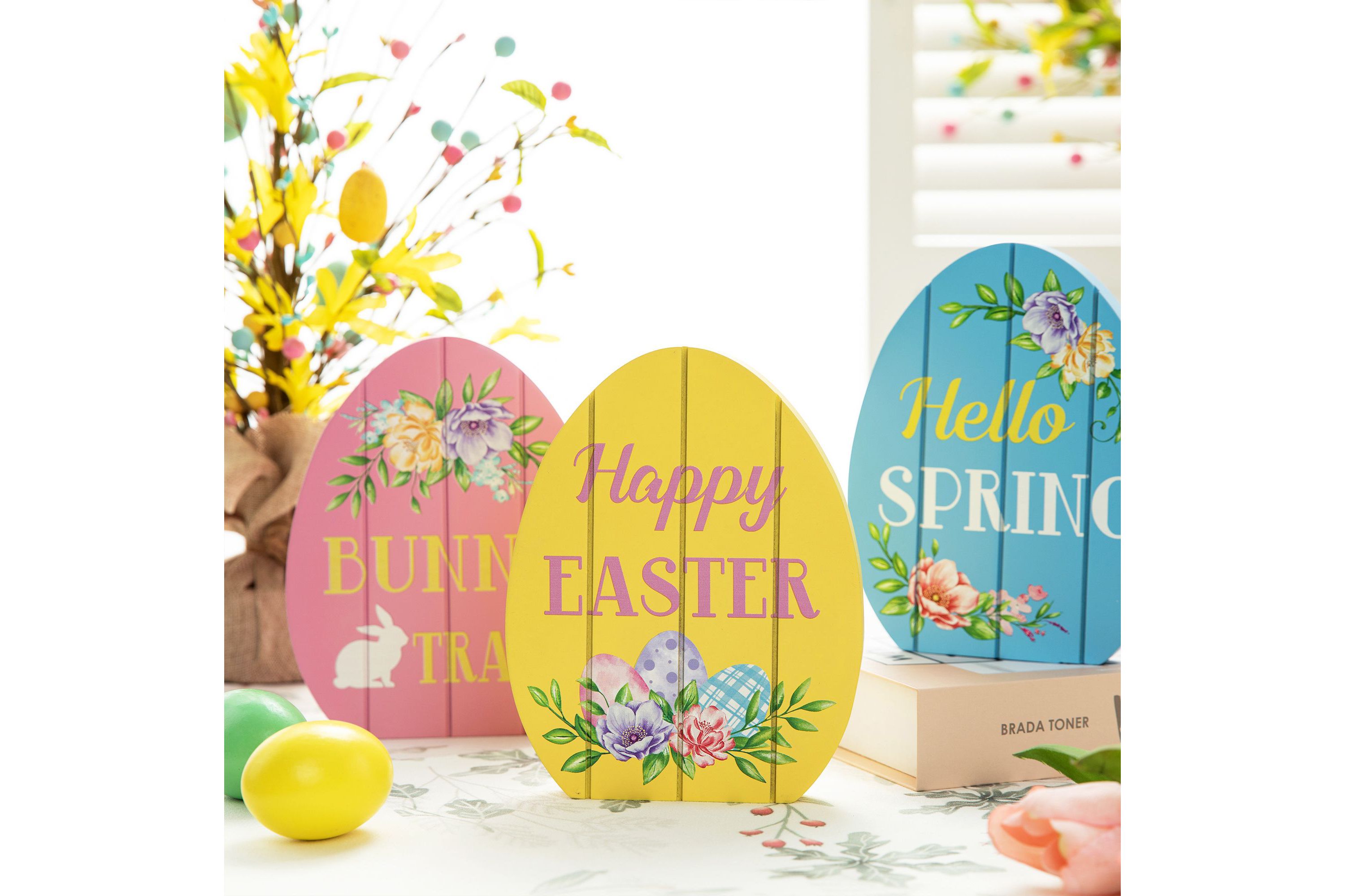 7.5"H Set of 3 Easter Wooden Easter Egg Table Decor