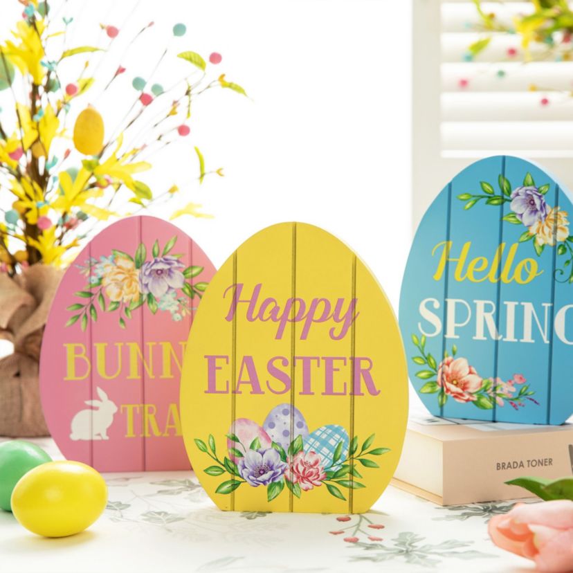 7.5"H Set of 3 Easter Wooden Easter Egg Table Decor