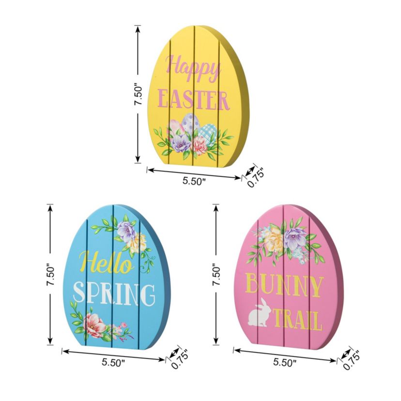 7.5"H Set of 3 Easter Wooden Easter Egg Table Decor