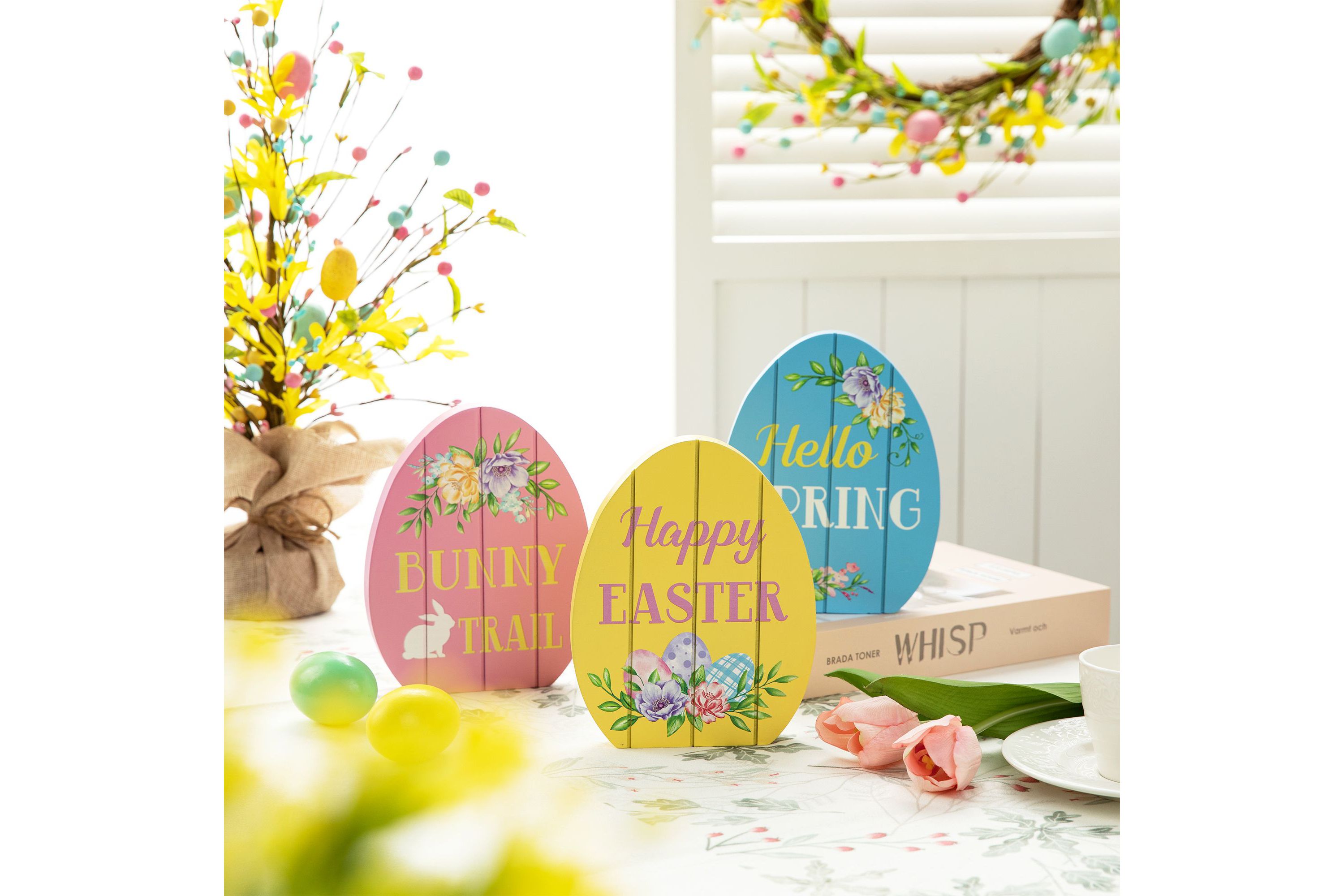 7.5"H Set of 3 Easter Wooden Easter Egg Table Decor