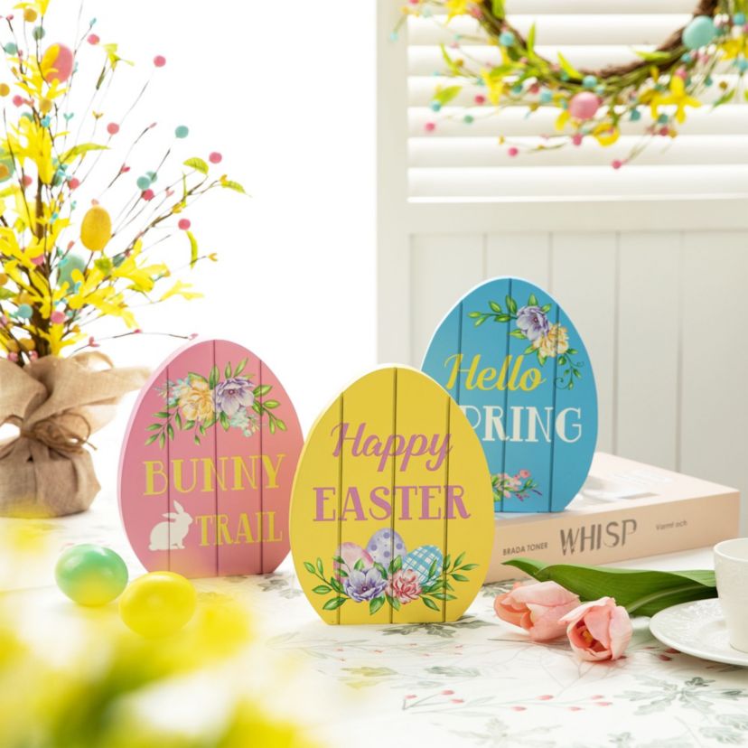 7.5"H Set of 3 Easter Wooden Easter Egg Table Decor