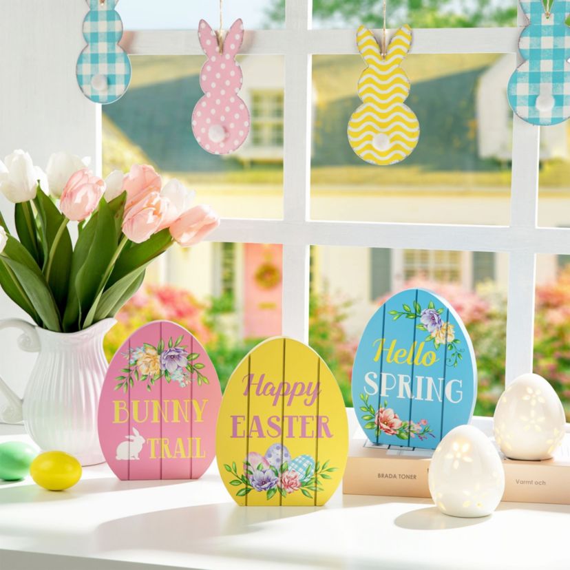 7.5"H Set of 3 Easter Wooden Easter Egg Table Decor