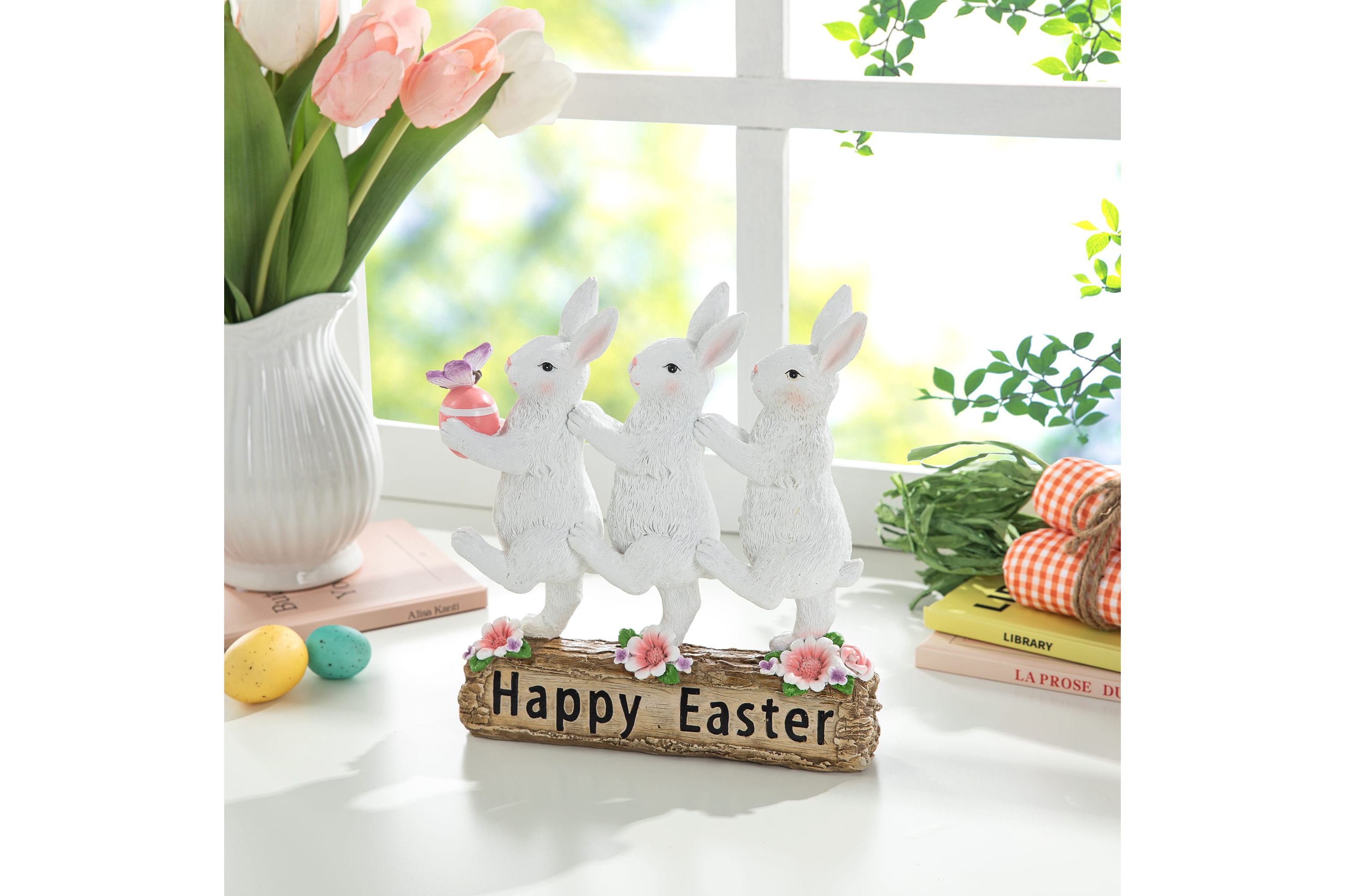 9.25"H Easter Resin Triple Bunny Table Decor