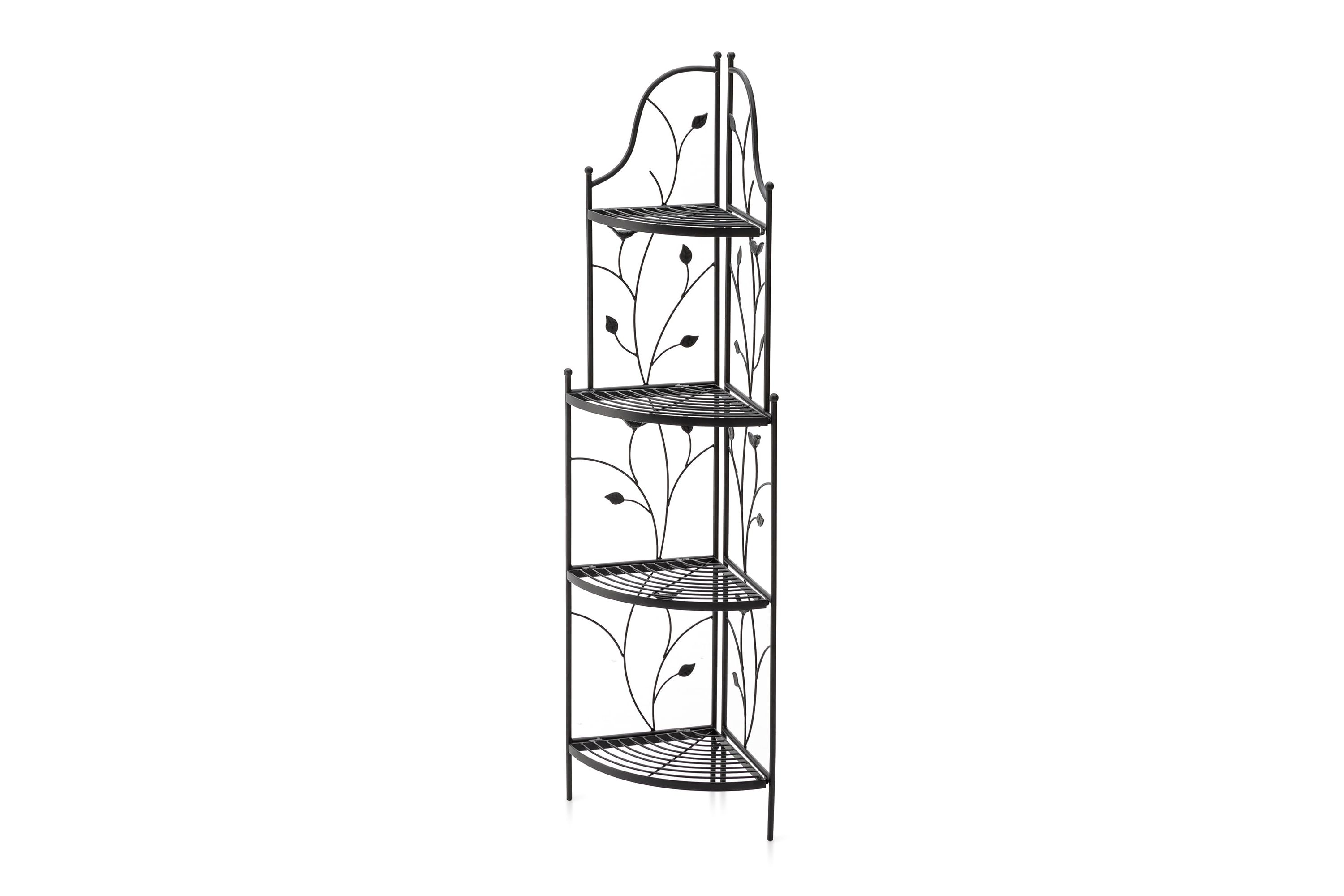 52"H 4-Tiered Black Metal Corner Shelf Plant Stand or Storage RackOverall: 15.75"L*11.00"W*52.00"HFolded: 11.00"L*52.00"HWeight capacity:Top/Middle/Bottom: 11 LBS/22LBS/22 LBS