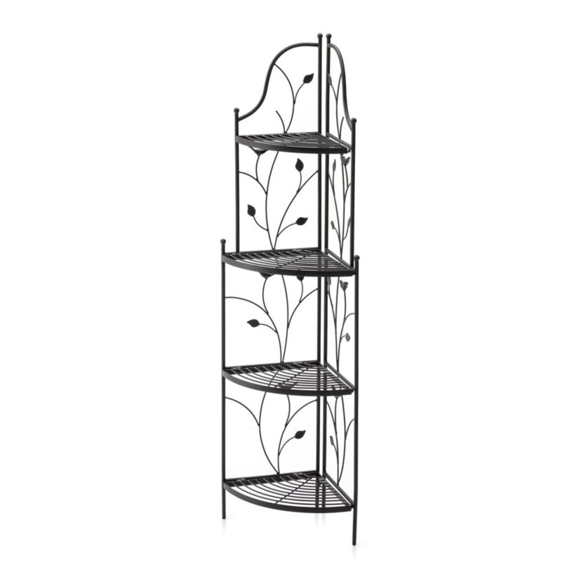 52"H 4-Tiered Black Metal Corner Shelf Plant Stand or Storage RackOverall: 15.75"L*11.00"W*52.00"HFolded: 11.00"L*52.00"HWeight capacity:Top/Middle/Bottom: 11 LBS/22LBS/22 LBS