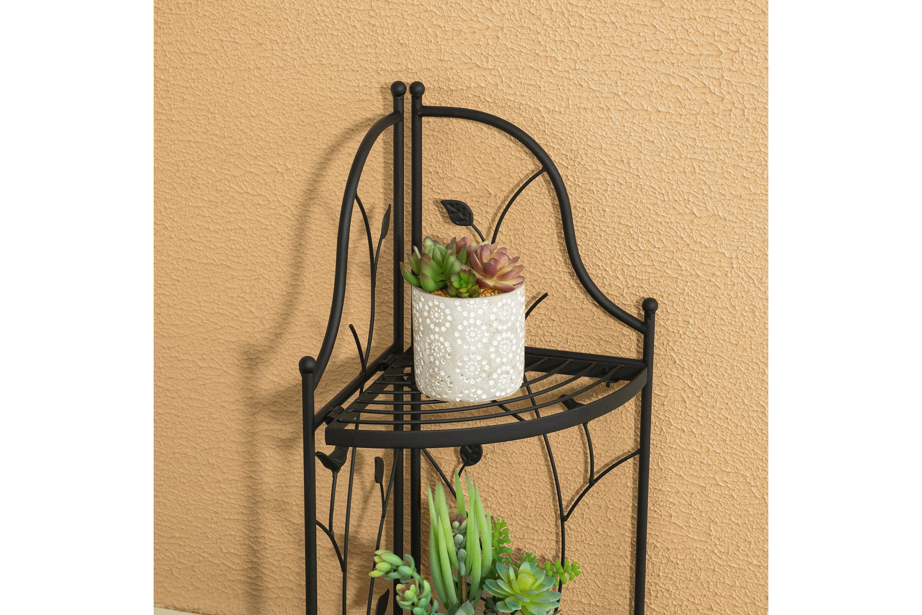 52"H 4-Tiered Black Metal Corner Shelf Plant Stand or Storage RackOverall: 15.75"L*11.00"W*52.00"HFolded: 11.00"L*52.00"HWeight capacity:Top/Middle/Bottom: 11 LBS/22LBS/22 LBS