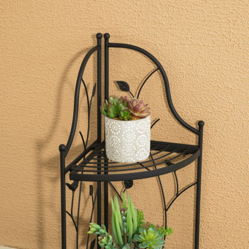 52"H 4-Tiered Black Metal Corner Shelf Plant Stand or Storage RackOverall: 15.75"L*11.00"W*52.00"HFolded: 11.00"L*52.00"HWeight capacity:Top/Middle/Bottom: 11 LBS/22LBS/22 LBS