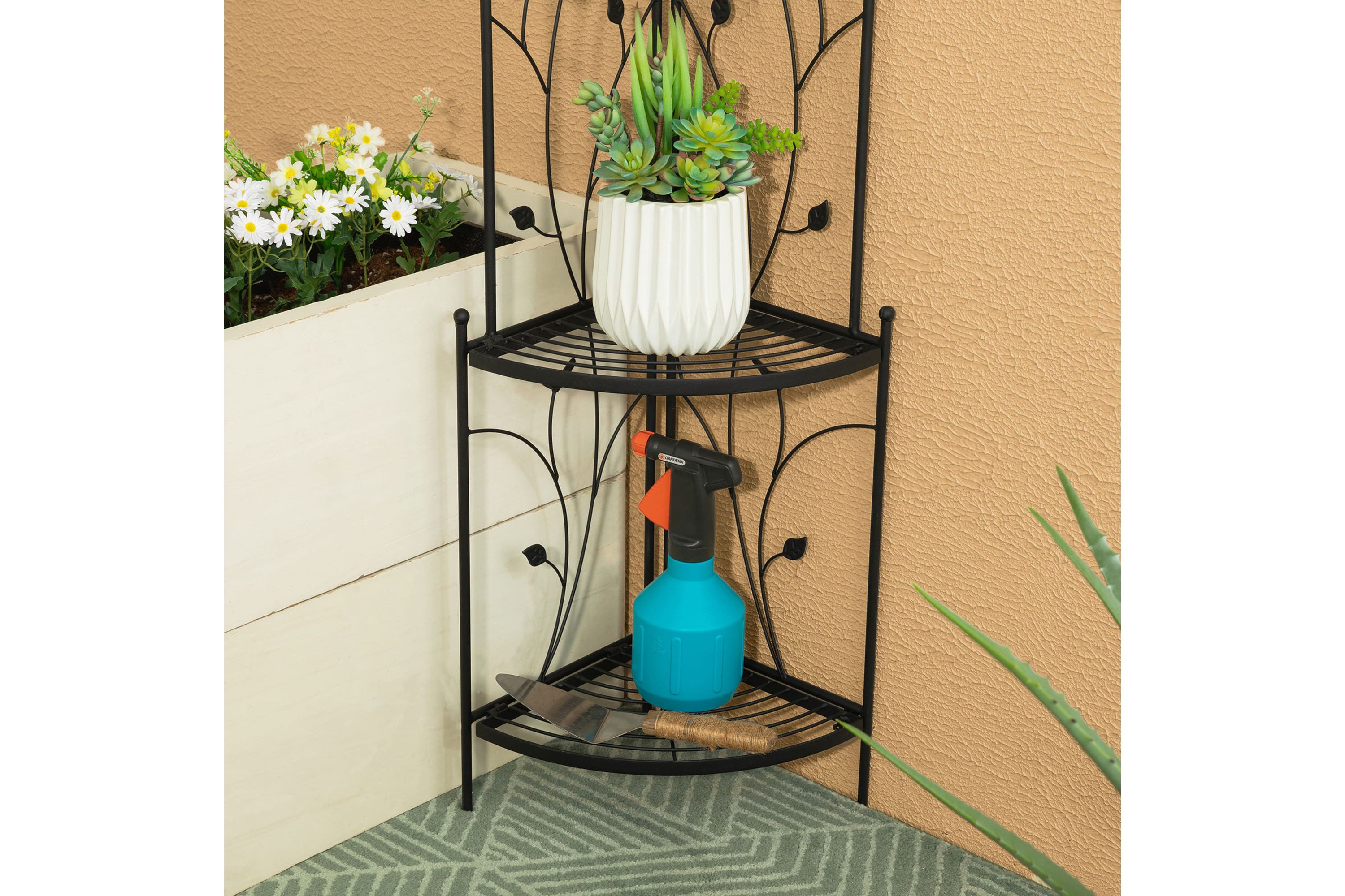 52"H 4-Tiered Black Metal Corner Shelf Plant Stand or Storage RackOverall: 15.75"L*11.00"W*52.00"HFolded: 11.00"L*52.00"HWeight capacity:Top/Middle/Bottom: 11 LBS/22LBS/22 LBS
