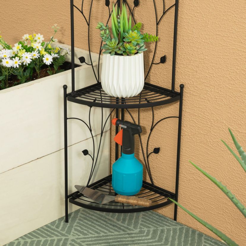 52"H 4-Tiered Black Metal Corner Shelf Plant Stand or Storage RackOverall: 15.75"L*11.00"W*52.00"HFolded: 11.00"L*52.00"HWeight capacity:Top/Middle/Bottom: 11 LBS/22LBS/22 LBS