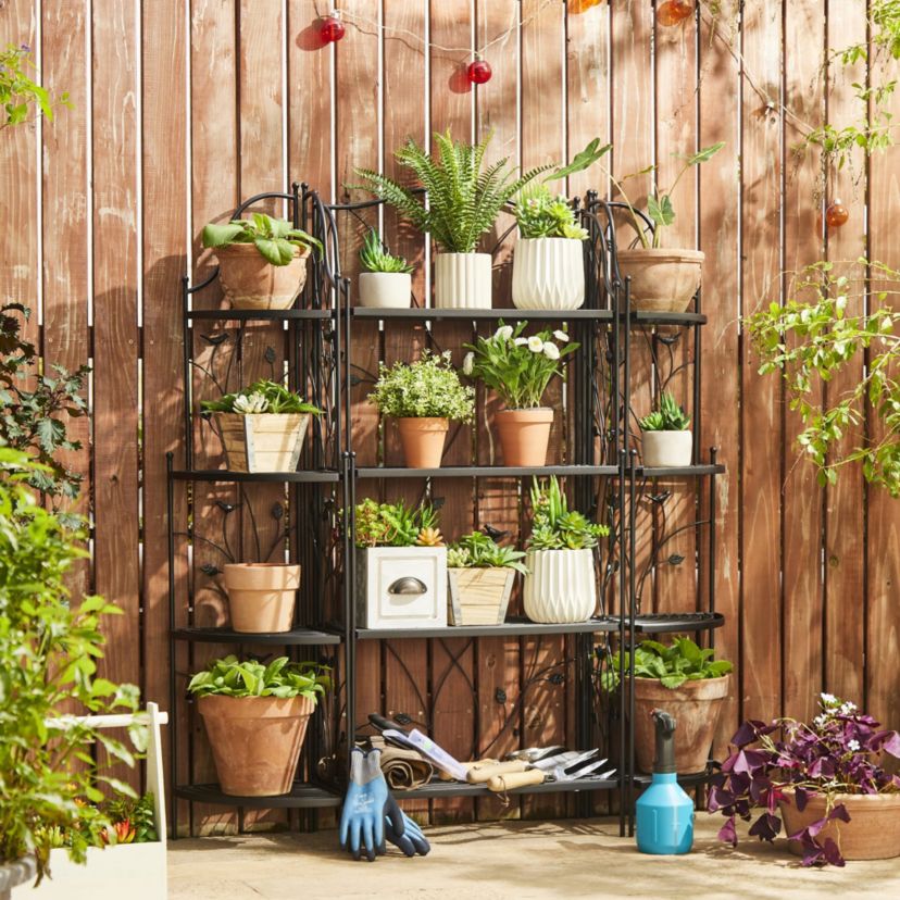 52"H 4-Tiered Black Metal Corner Shelf Plant Stand or Storage RackOverall: 15.75"L*11.00"W*52.00"HFolded: 11.00"L*52.00"HWeight capacity:Top/Middle/Bottom: 11 LBS/22LBS/22 LBS