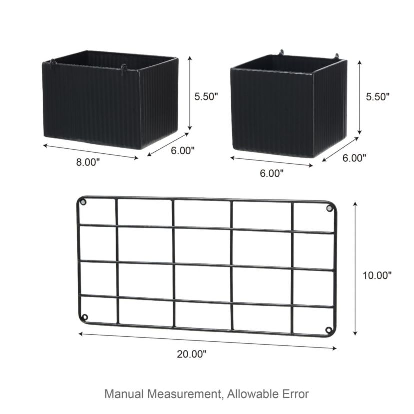20L Black Metal Vertical Wall Planters, Planter Stands (KD)L: 8.00L * 6.00W *5.5HS: 6.00L * 6.00W *5.5HWeight capacity: 40LBSMetal Thickness：0.4mm   Pipe Thickness：6mm