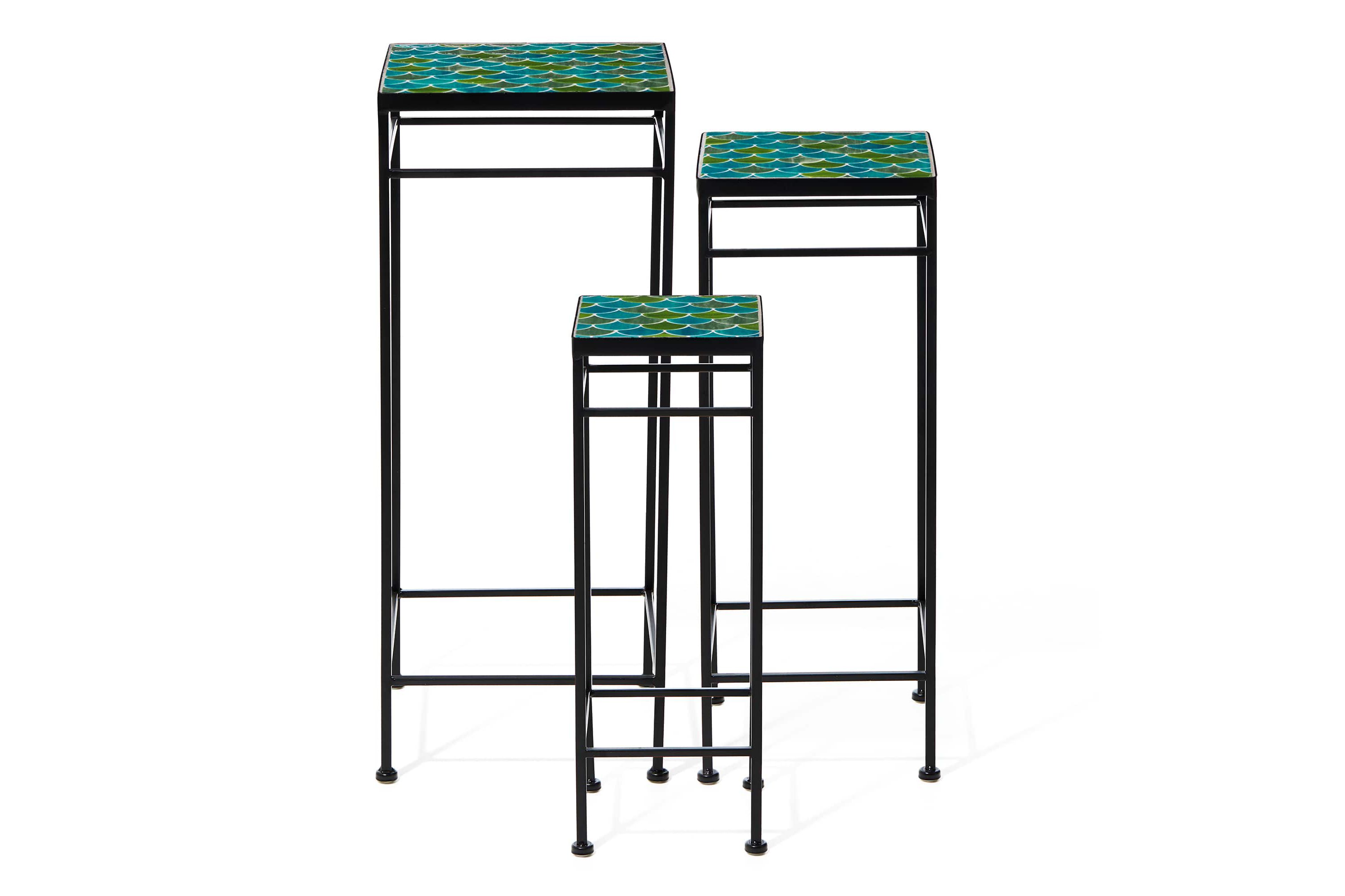 27.25"/24"/20" H Set of 3 Sqaure Nesting Planter Stands with Green Pattern Ceramic Tiles Table TopL: 11.00L * 11.00W *27.25HM: 9.00L * 9.00W *24.00HS: 7.00L * 7.00W *20.00HWeight Capacity: L/M/S: 22LBS/17LBS/11LBS