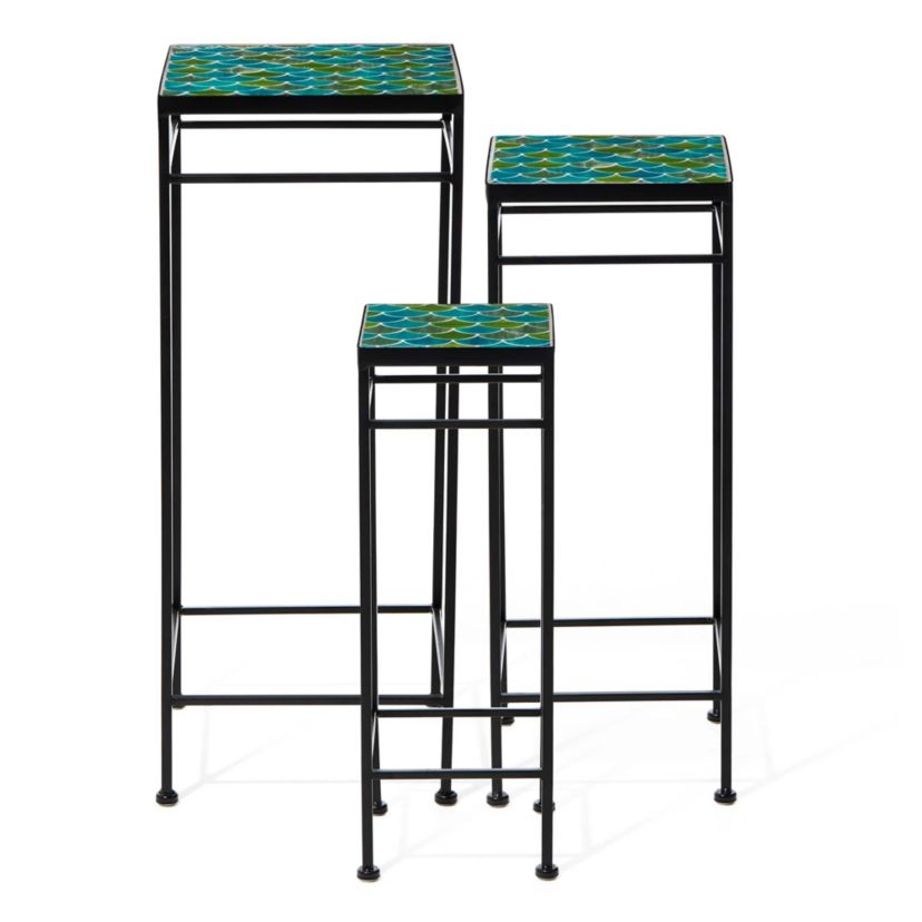 27.25"/24"/20" H Set of 3 Sqaure Nesting Planter Stands with Green Pattern Ceramic Tiles Table TopL: 11.00L * 11.00W *27.25HM: 9.00L * 9.00W *24.00HS: 7.00L * 7.00W *20.00HWeight Capacity: L/M/S: 22LBS/17LBS/11LBS